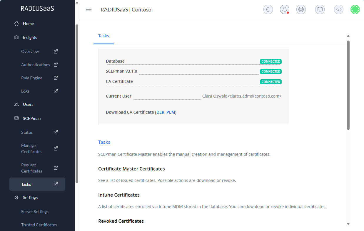 This page is equivalent to the home page in a SCEPman Enterprise Certificate Master