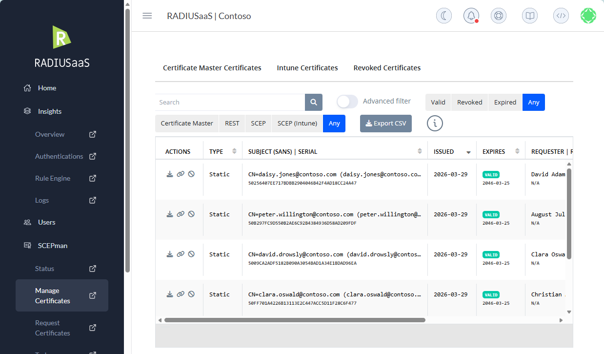 This page is equivalent to the Manage Certificates section in a SCEPman Enterprise Certificate Master