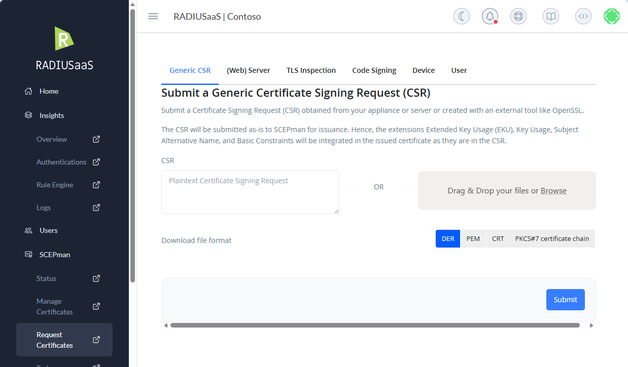 This page is equivalent to the Request Certificates section in a  SCEPman Enterprise Certificate Master