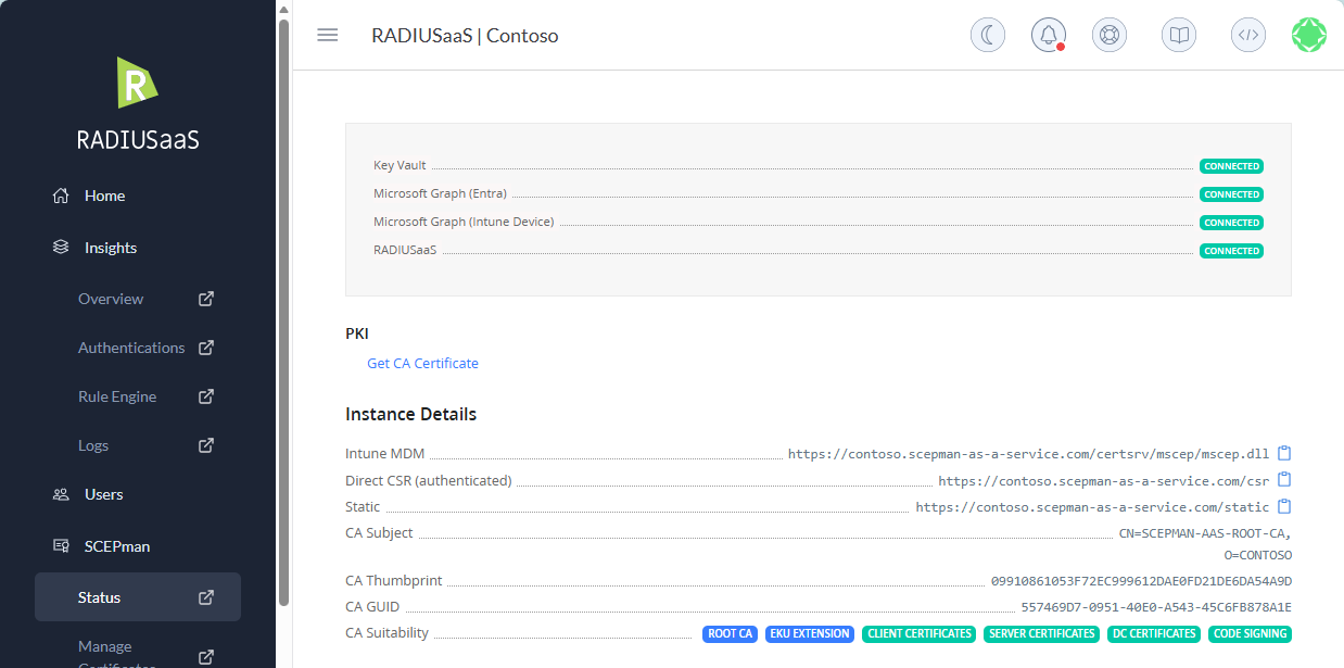 This page is equivalent to the homepage of a SCEPman Enterprise deployment